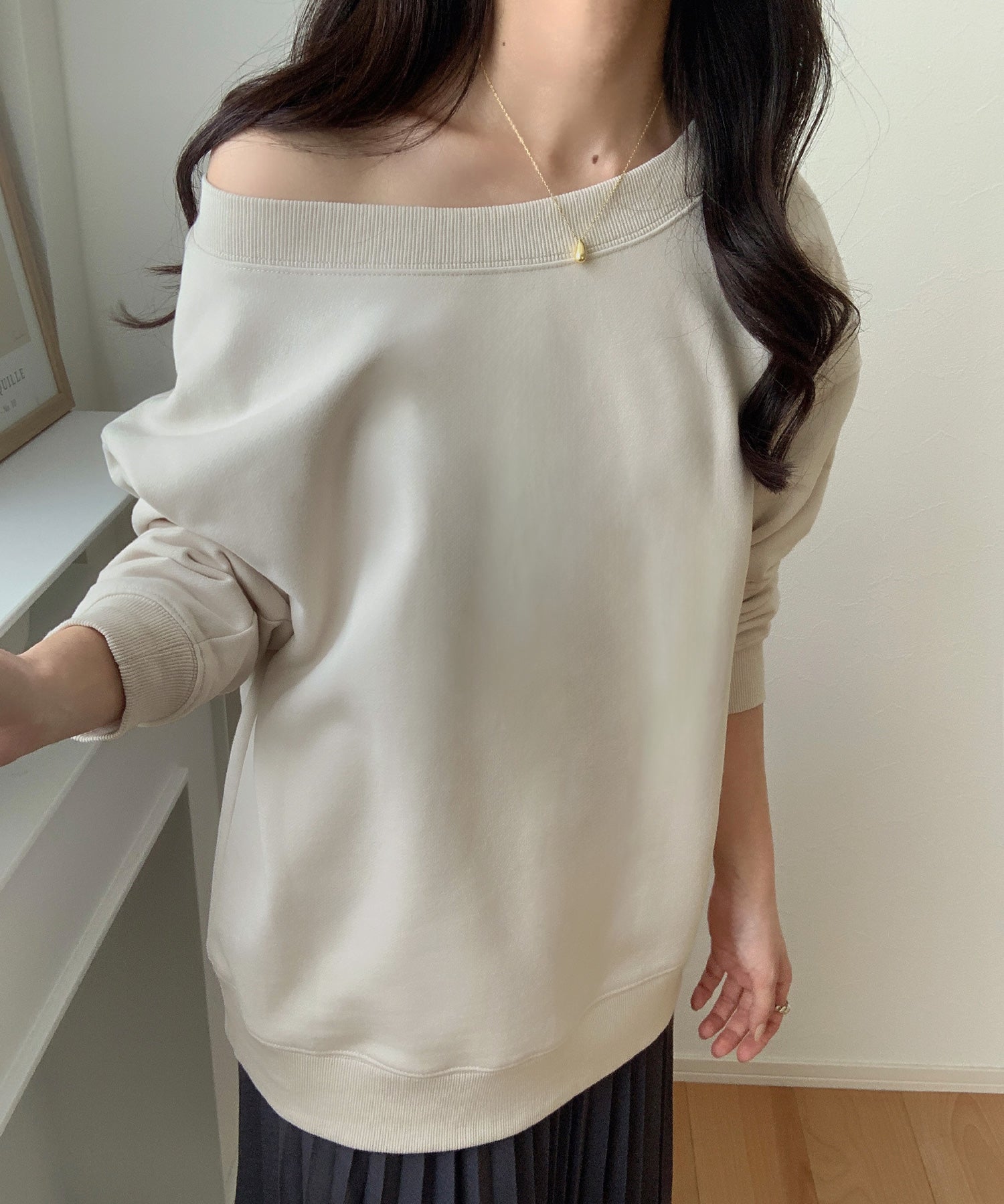 ラウアー LAUIR 2wayオフショル裏起毛スウェット,アイボリー