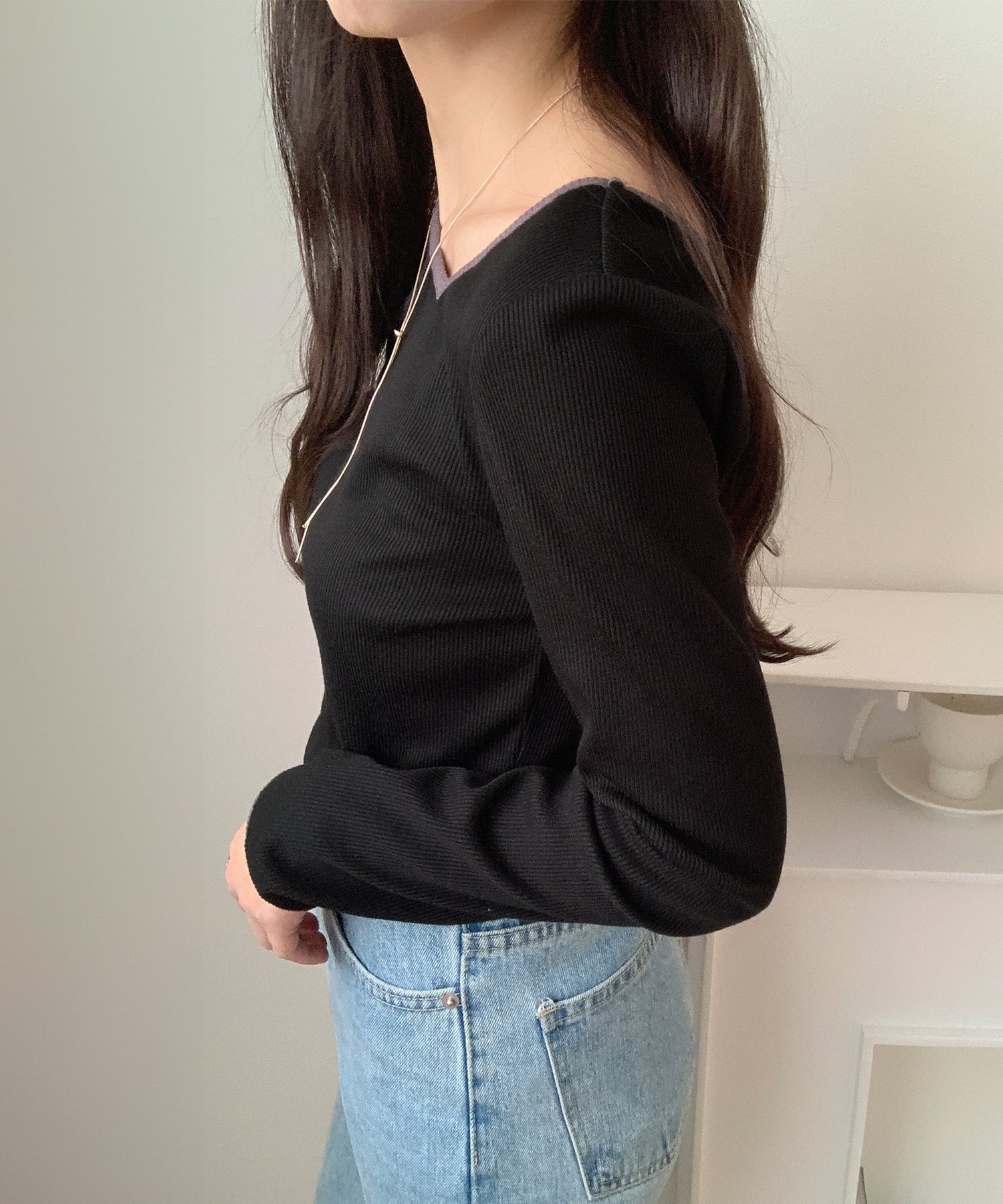 ラウアー LAUIR 配色ラインアシメリブトップス
