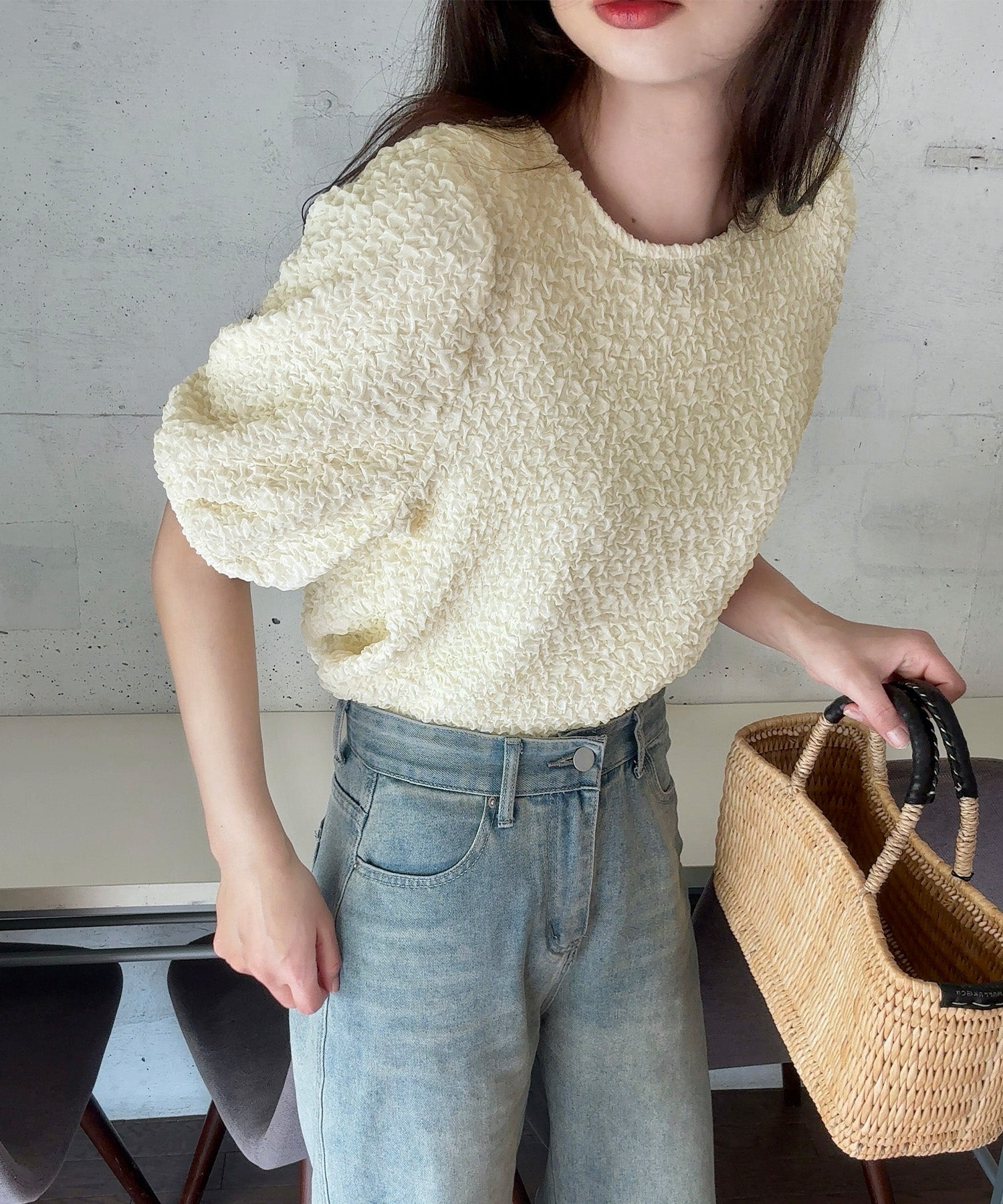 ラウアー LAUIR くしゅくしゅ半袖トップス （アイボリー） アイボリー