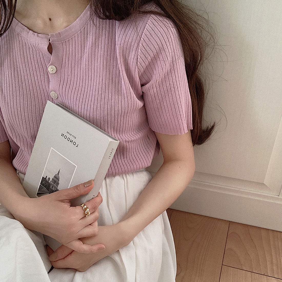 ラウアー LAUIR リブ半袖ニットカーディガン （ラベンダー） ラベンダー