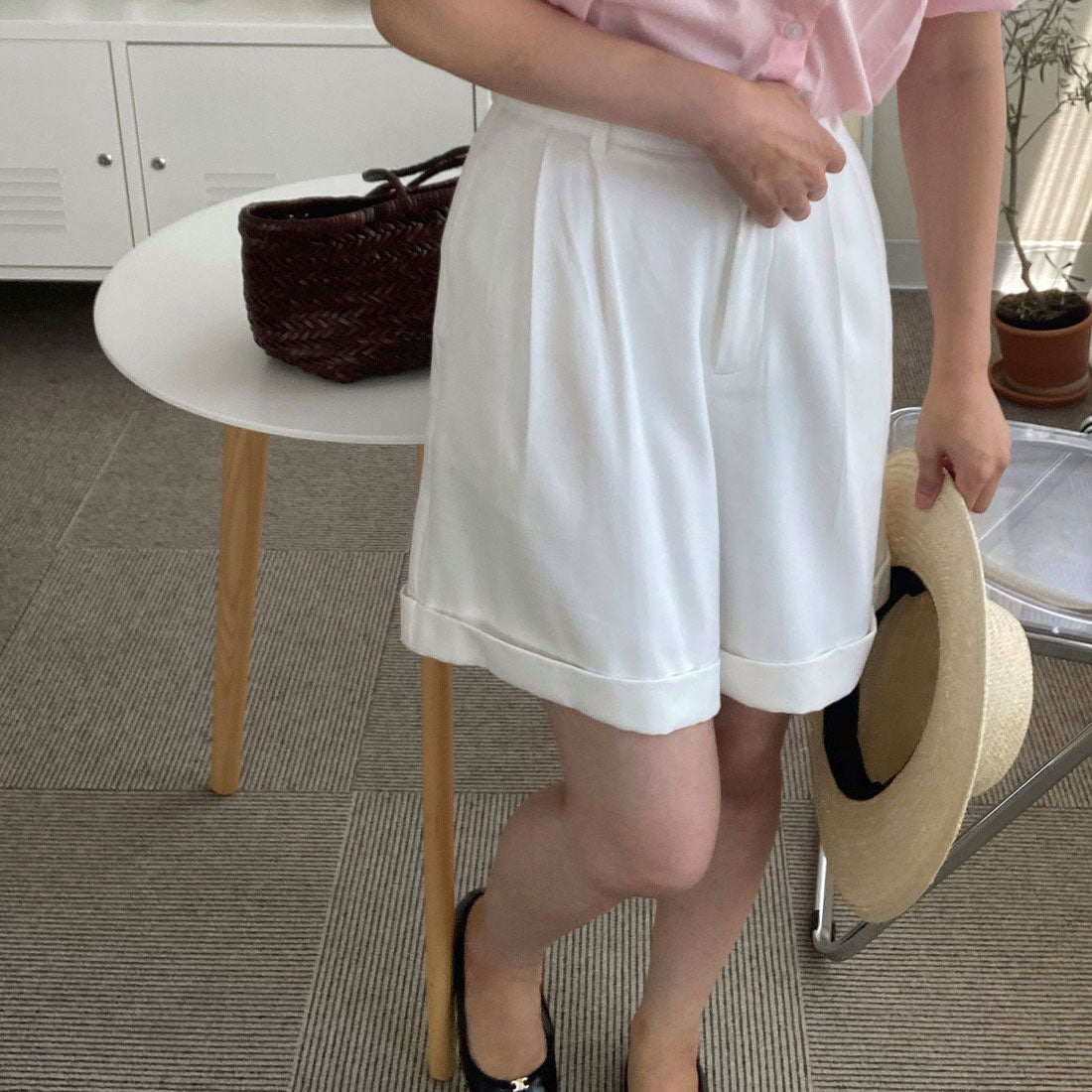 ラウアー LAUIR ロールアップショートパンツ,ホワイト