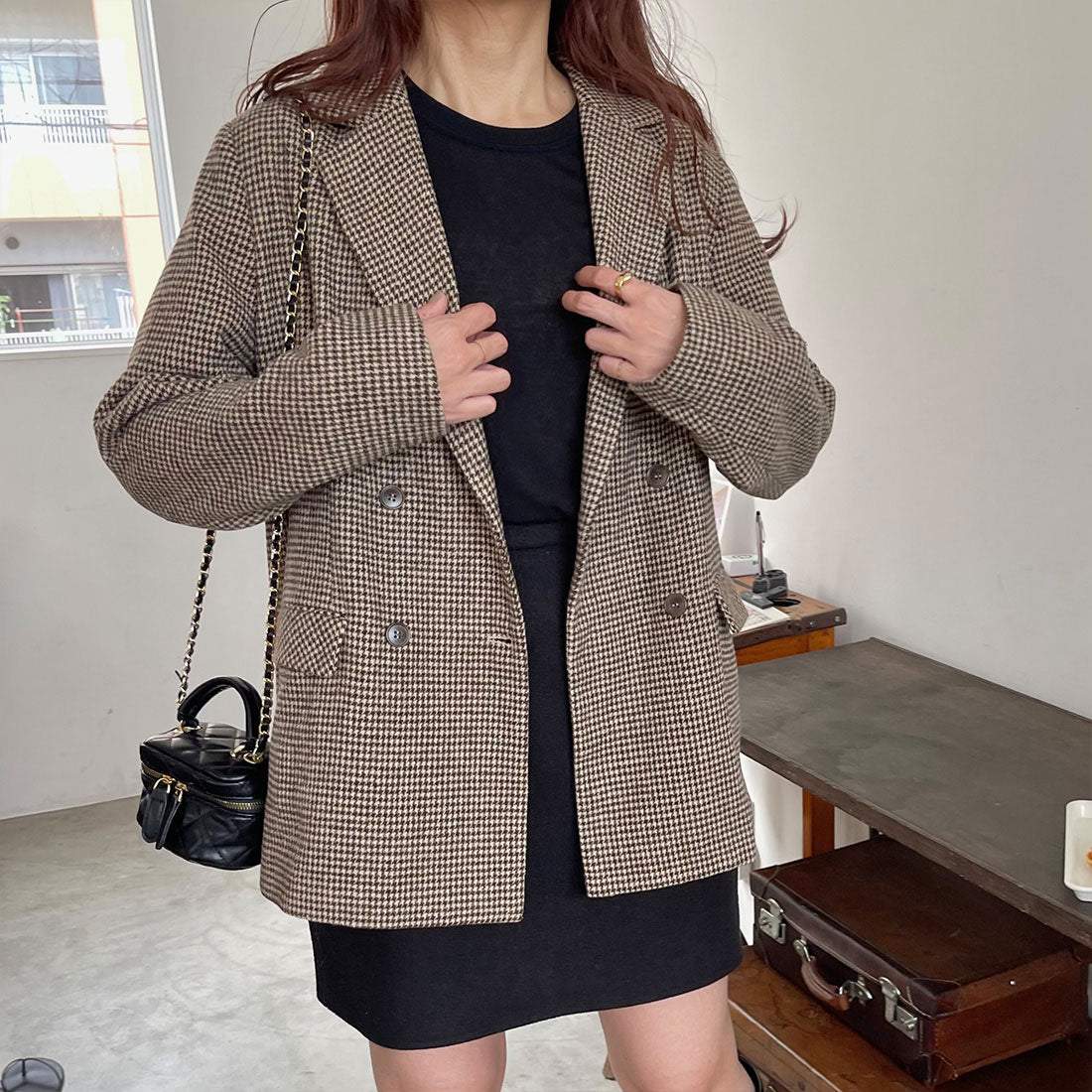 LAUIR Checked Double-Breasted Tailored Jacket