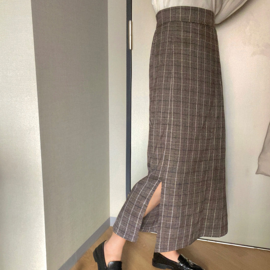 ラウアー LAUIR ハイウエストチェックペンシルスカート,ブラウン