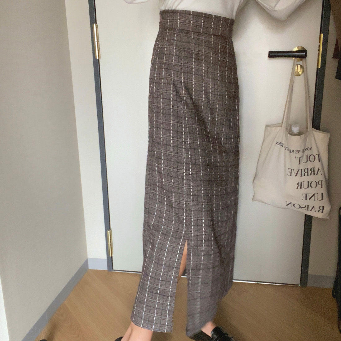 ラウアー LAUIR ハイウエストチェックペンシルスカート