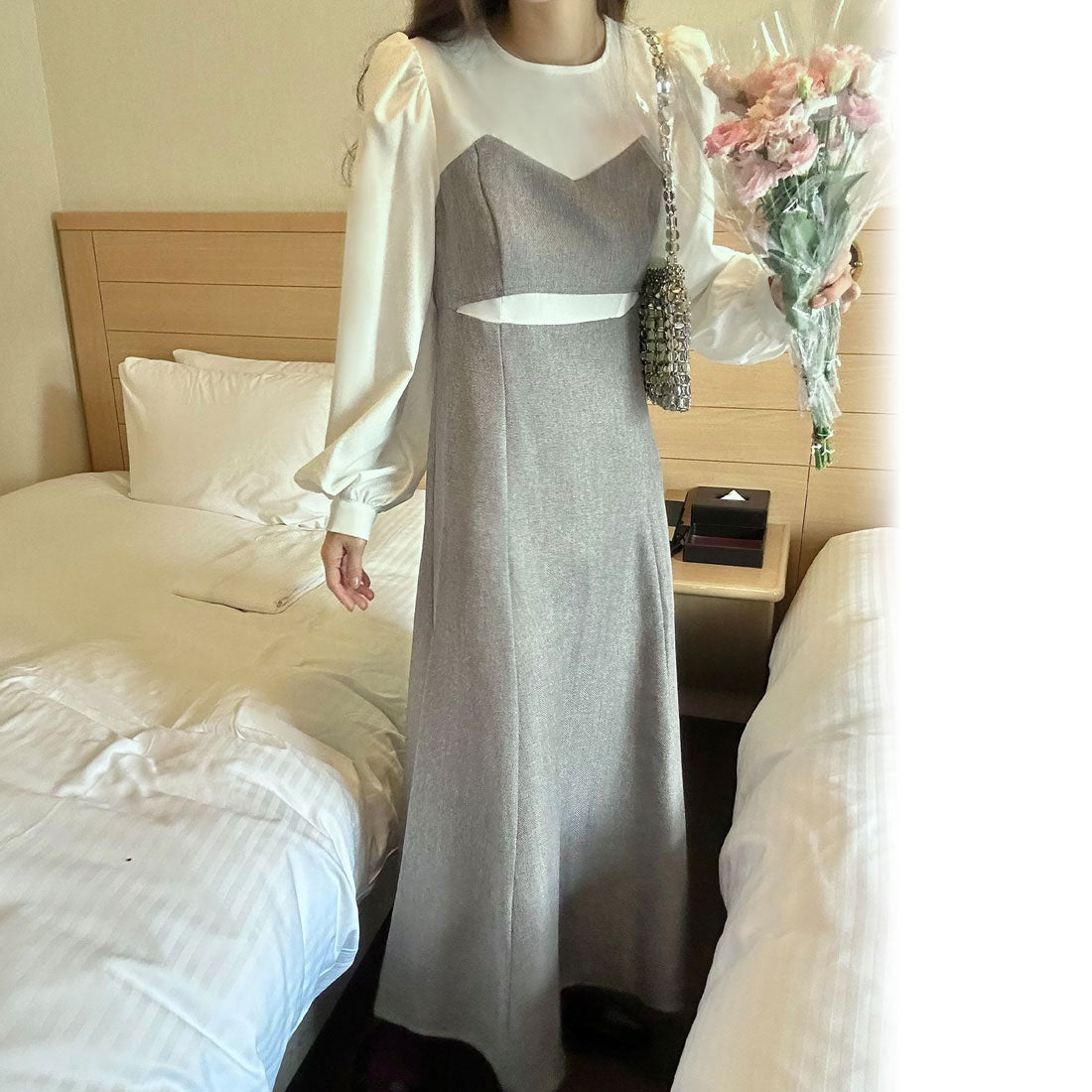 ラウアー LAUIR カットデザインドッキングワンピース,グレー