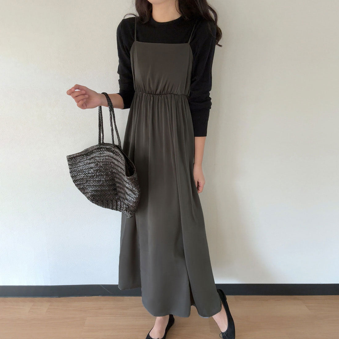 ラウアー LAUIR ショルダーリボンサテンキャミワンピース,チャコール