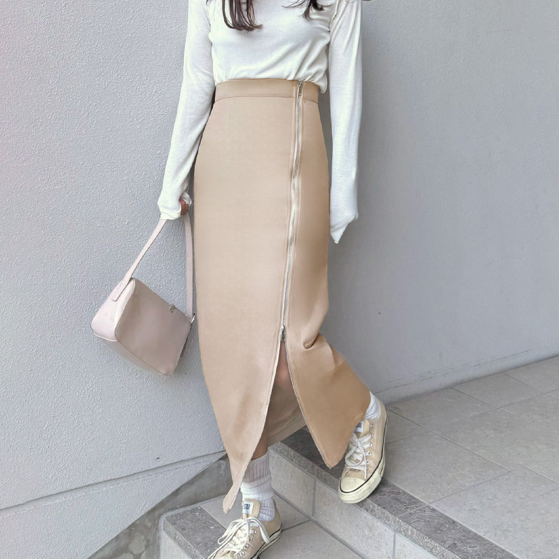 ラウアー LAUIR ストレートジップスカート,ベージュ