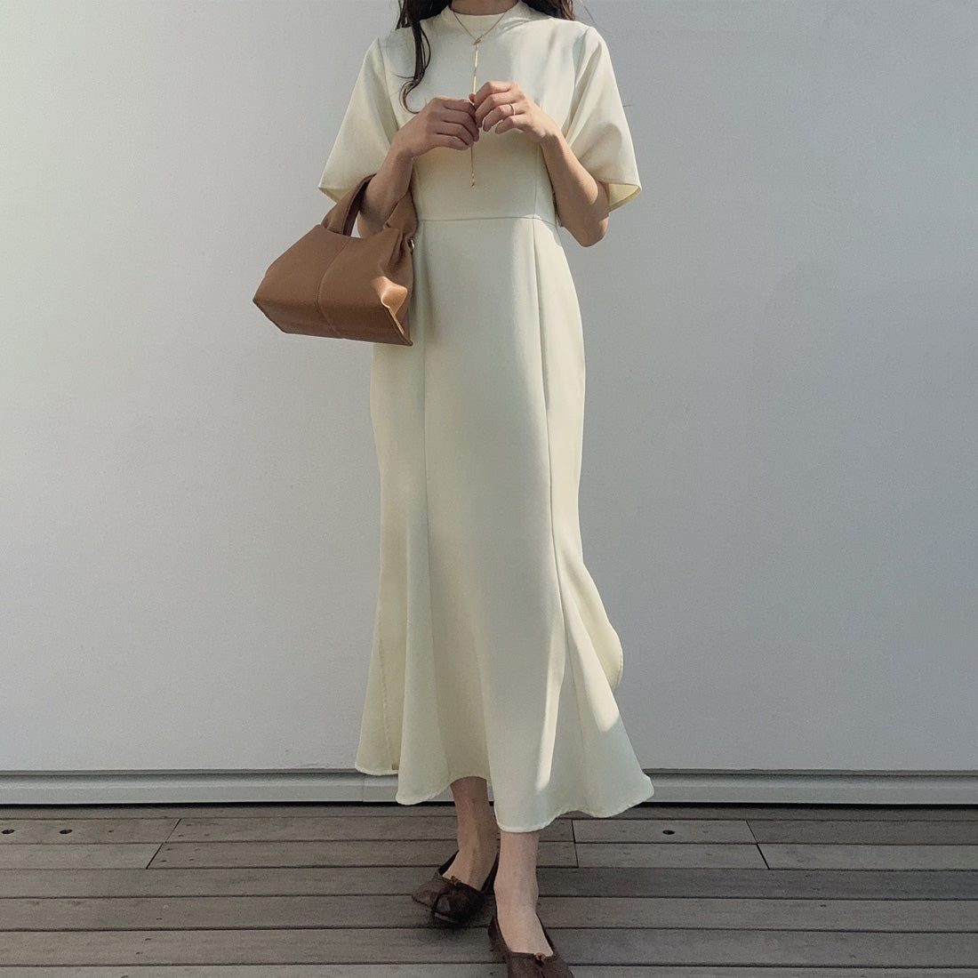 ラウアー LAUIR スタンドカラーマーメイドワンピース,クリーム