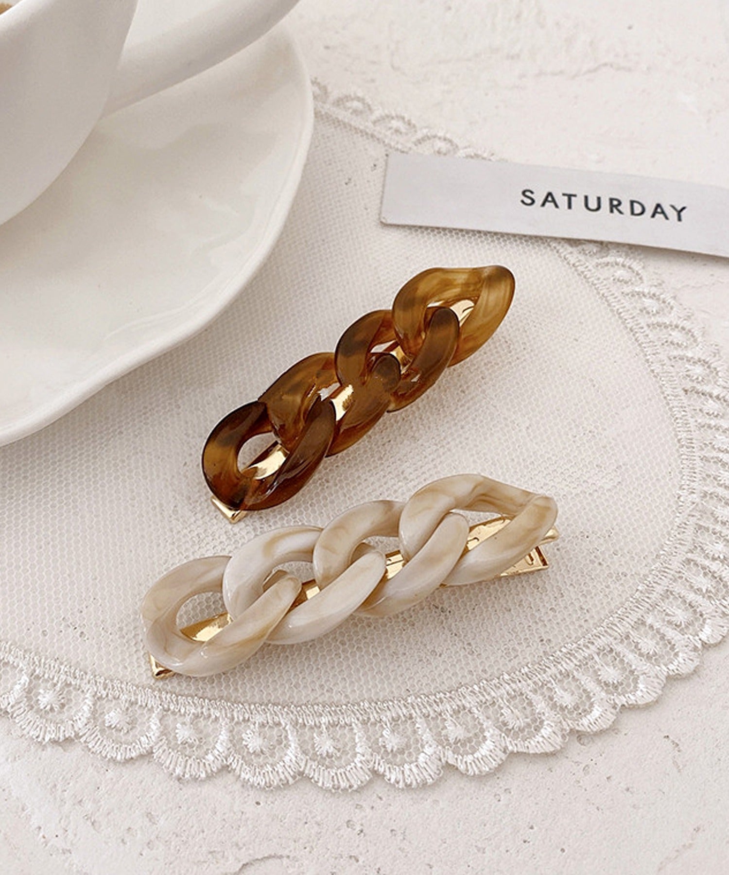 ニノン ninon 【2個セット】クリアべっ甲チェーンヘアクリップ,ホワイトべっ甲×ブラウンべっ甲