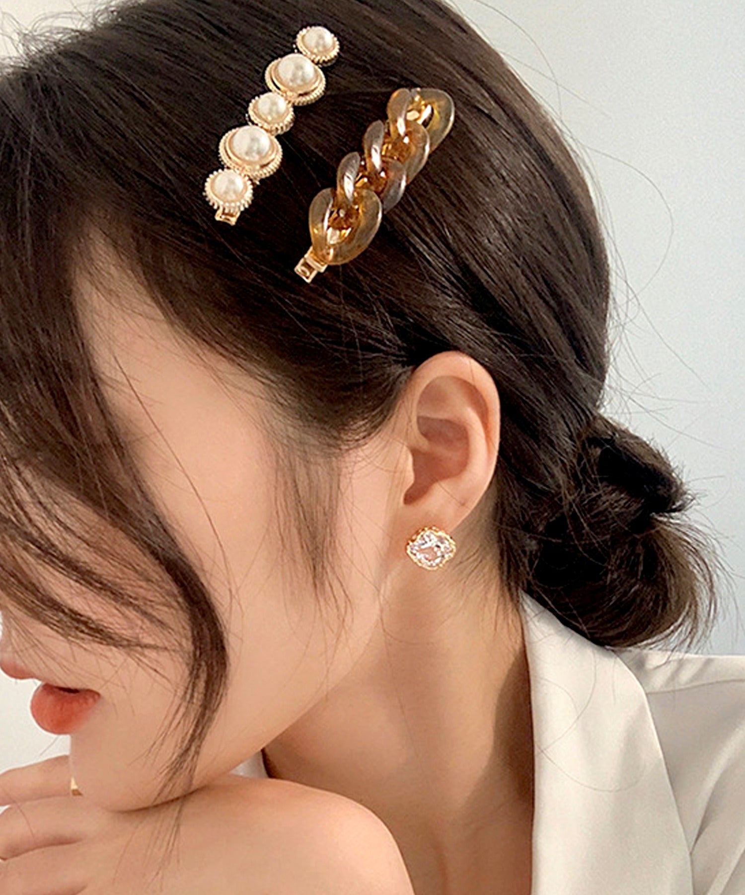 ニノン ninon 【2個セット】クリアべっ甲チェーンヘアクリップ,ブラウンべっ甲×パール