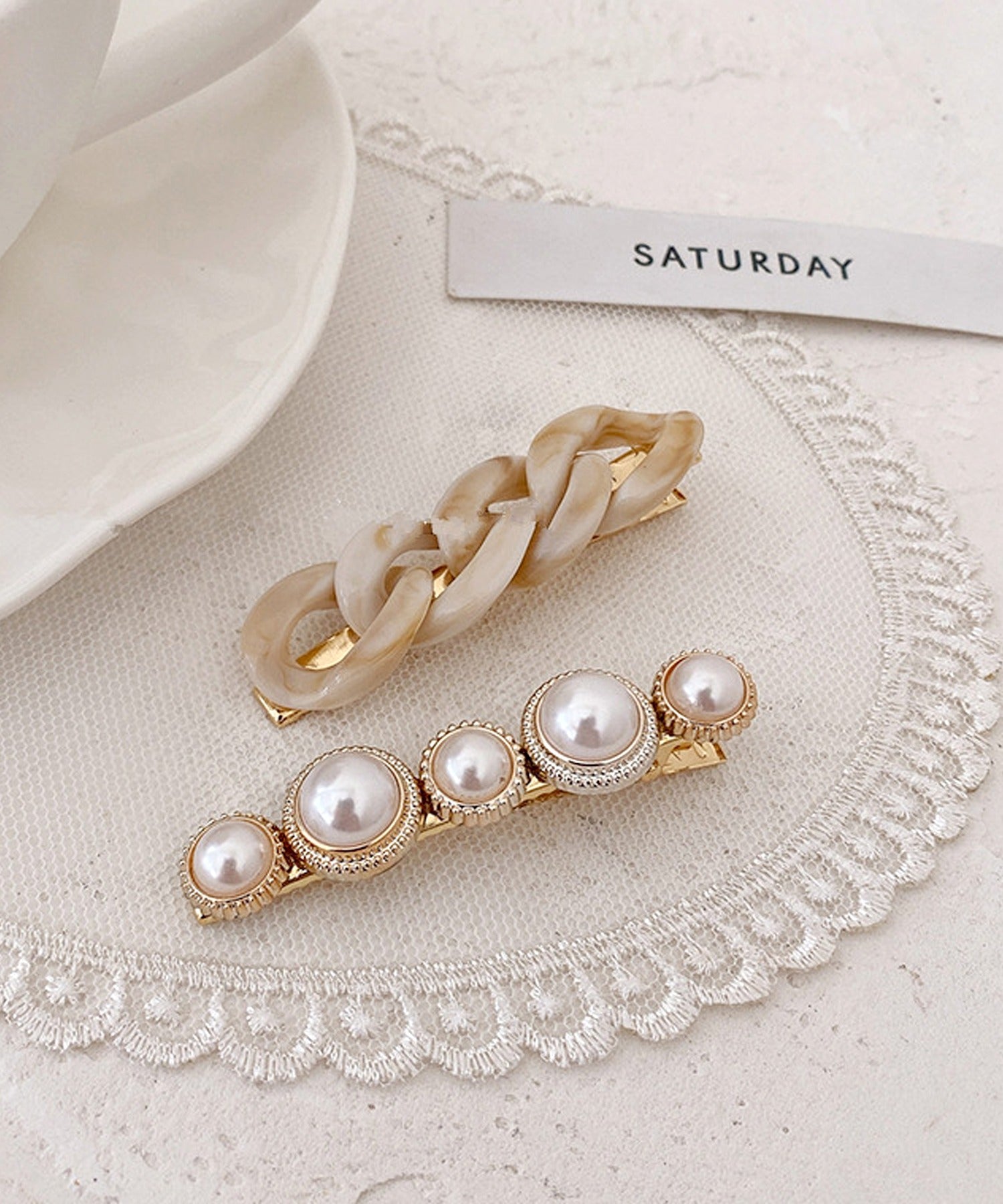 ニノン ninon 【2個セット】クリアべっ甲チェーンヘアクリップ,ホワイトべっ甲×パール
