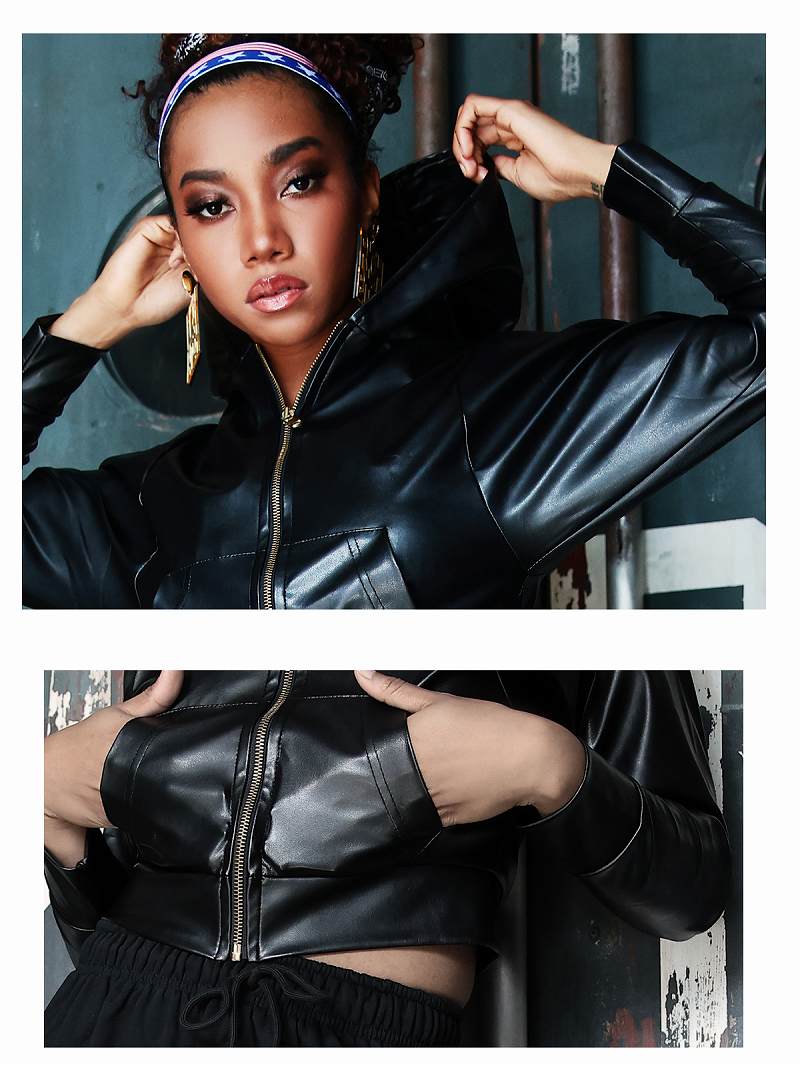 ボムシェル bombshell パーカー・トレーナー フード フェイクレザー パーカー ドルマン 衣装 HIPHOP 大きめシルエット ダンス 長袖 ポケット bombshell