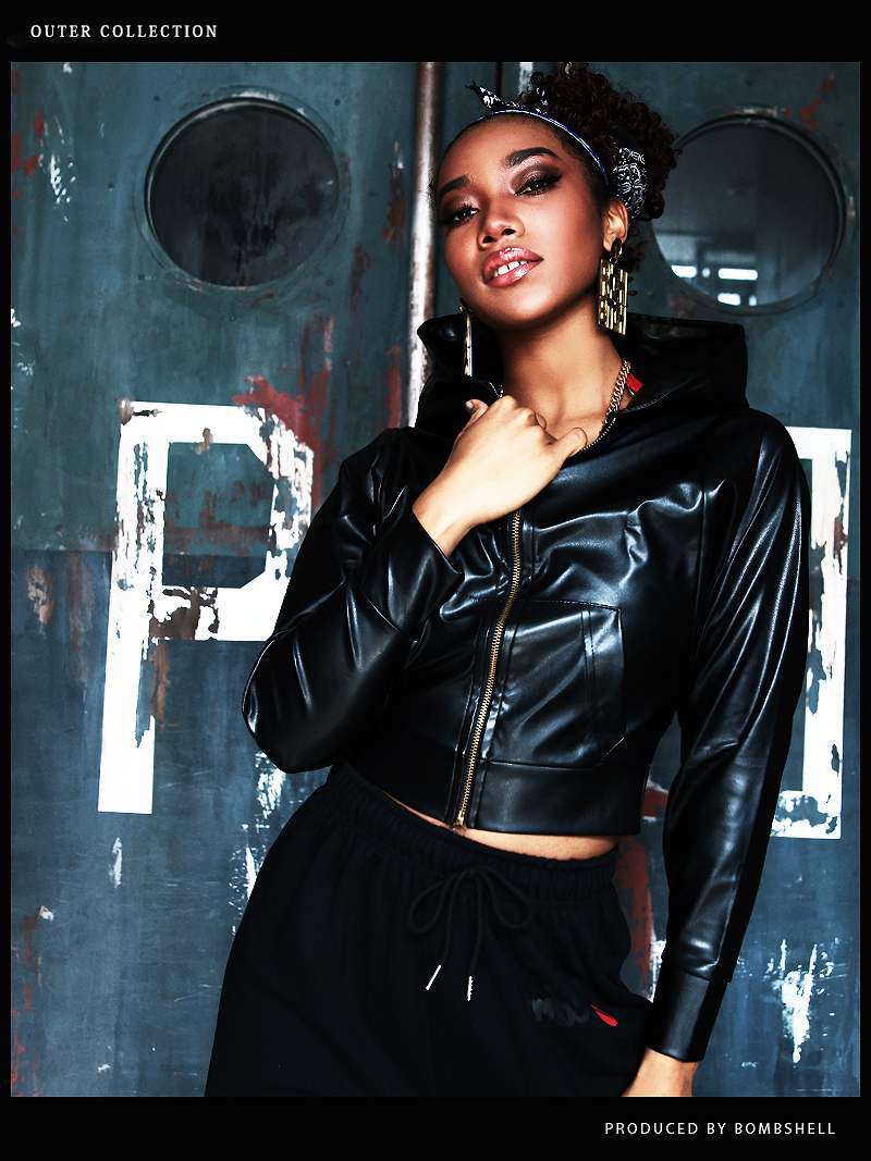 ボムシェル bombshell パーカー・トレーナー フード フェイクレザー パーカー ドルマン 衣装 HIPHOP 大きめシルエット ダンス 長袖 ポケット bombshell