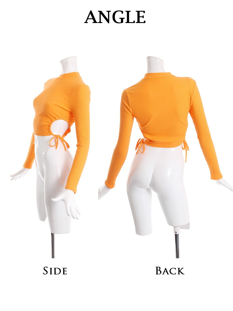 ボムシェル bombshell 半袖カットソー リブニット サイドカット カットソー ハイネック 短丈 長袖 プチプラ ストリートファッション カラバリ豊富 カットアウト Bbomb