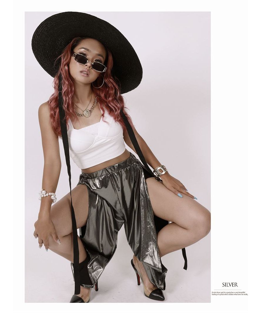 ボムシェル bombshell パンツ・サルエルパンツ メタリック ロング sexy 珍しい ロングパンツ ダンス衣装 プチプラ キラキラ イベント ストリート bombshell