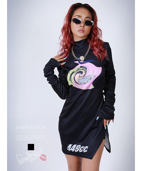 Bombshell dress, mini length, slit, stretch, high neck, long sleeves, glossy feel, unique print, dance costume Bbomb
