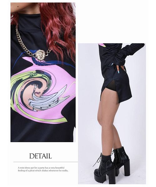 Bombshell dress, mini length, slit, stretch, high neck, long sleeves, glossy feel, unique print, dance costume Bbomb