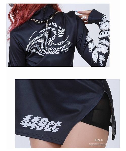 Bombshell dress, mini length, slit, stretch, high neck, long sleeves, glossy feel, unique print, dance costume Bbomb