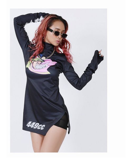 Bombshell dress, mini length, slit, stretch, high neck, long sleeves, glossy feel, unique print, dance costume Bbomb