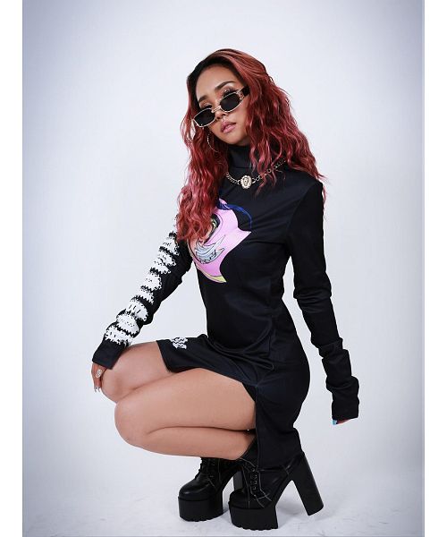 Bombshell dress, mini length, slit, stretch, high neck, long sleeves, glossy feel, unique print, dance costume Bbomb
