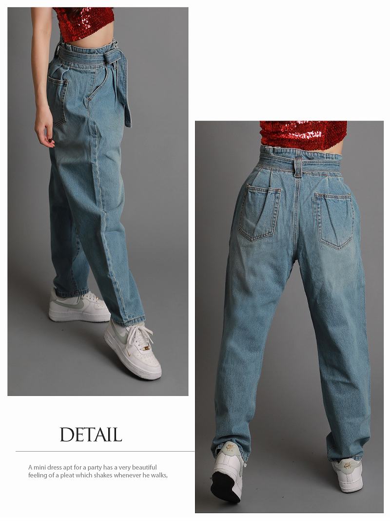 ボムシェル bombshell パンツ・サルエルパンツ デニムパンツ ボーイフレンドデニム ハイウエスト ロングパンツ リボンベルト ゆったり カジュアル 衣装 レディース ダンス Bbomb （ダークブルー） ダークブルー