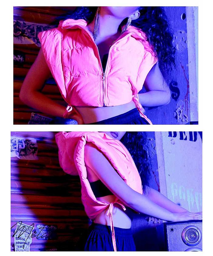 ボムシェル bombshell アウター アウター ダウンベスト 中綿 ネオンカラー ショート ボリューム ガールズ HIPHOP フード付き オープンサイド bombshell （ピンク） ピンク