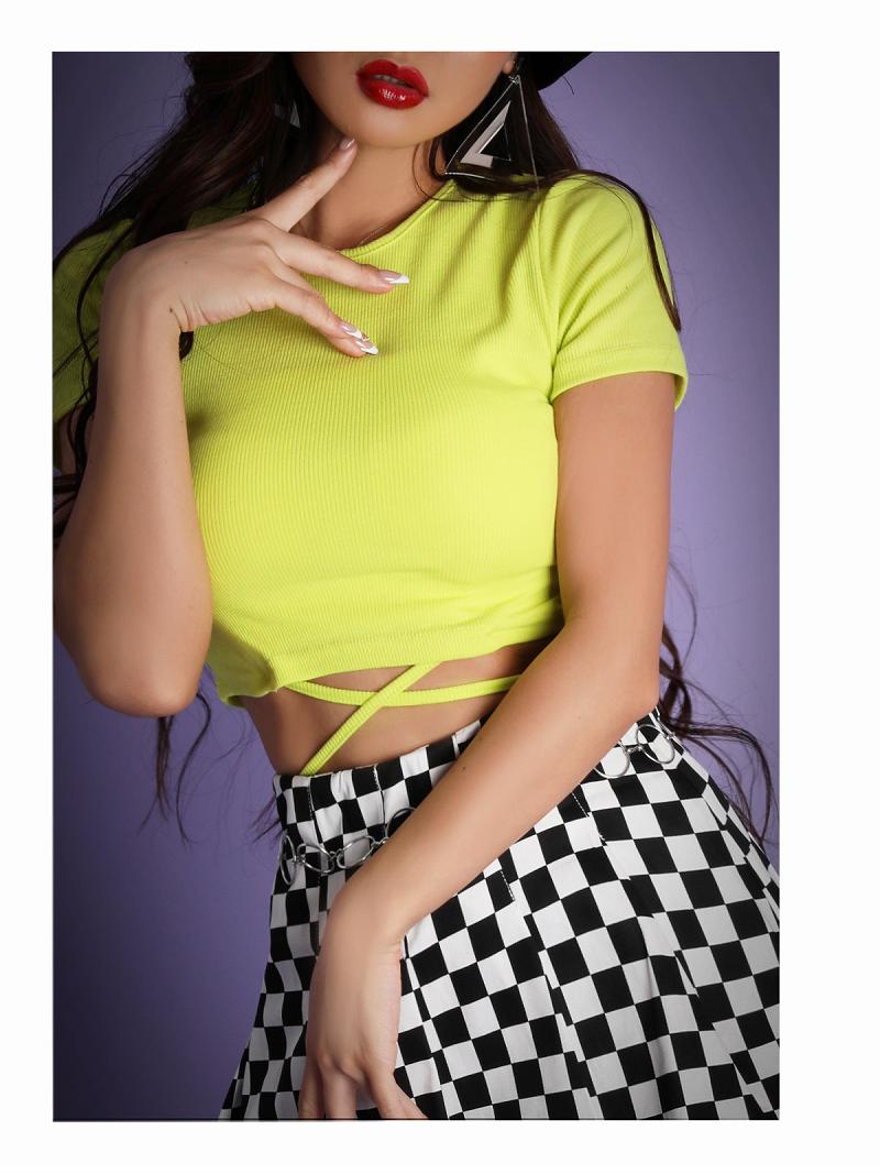 ボムシェル bombshell 半袖カットソー ショート 韓国 ヘソ出し 半袖 ワンカラー バックリボン ネオンカラー Tシャツ ラウンドネック ウエストクロス Bbomb