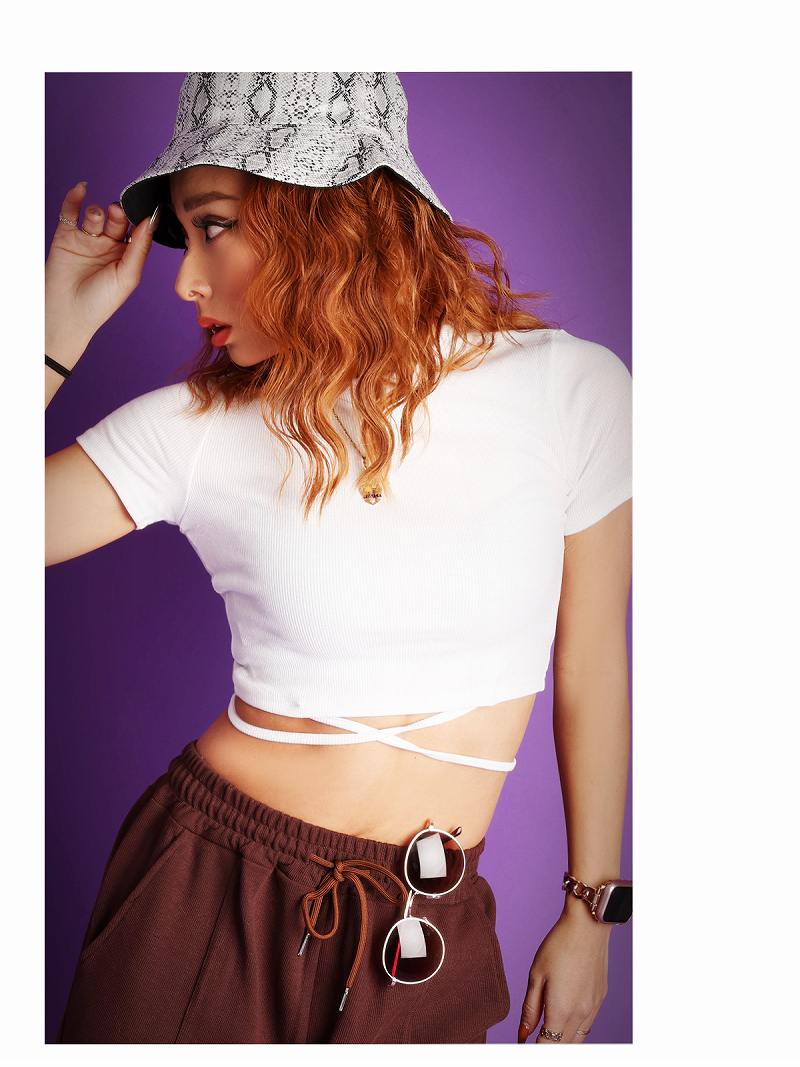 ボムシェル bombshell 半袖カットソー ショート 韓国 ヘソ出し 半袖 ワンカラー バックリボン ネオンカラー Tシャツ ラウンドネック ウエストクロス Bbomb