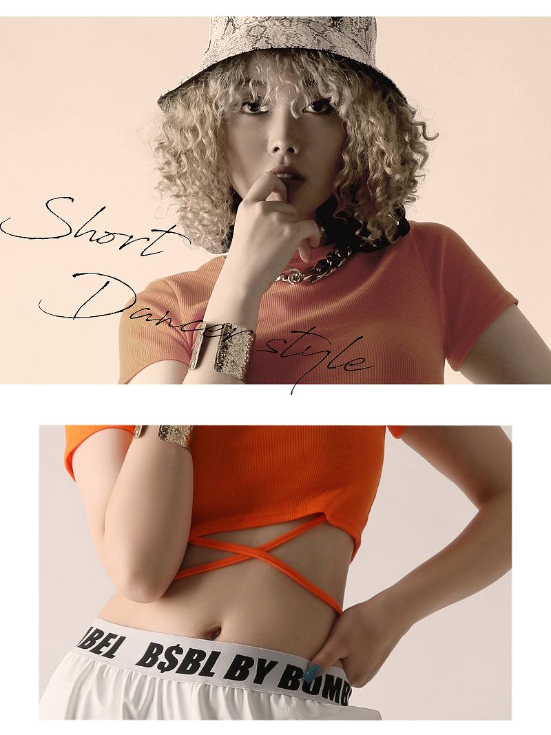 ボムシェル bombshell 半袖カットソー ショート 韓国 ヘソ出し 半袖 ワンカラー バックリボン ネオンカラー Tシャツ ラウンドネック ウエストクロス Bbomb