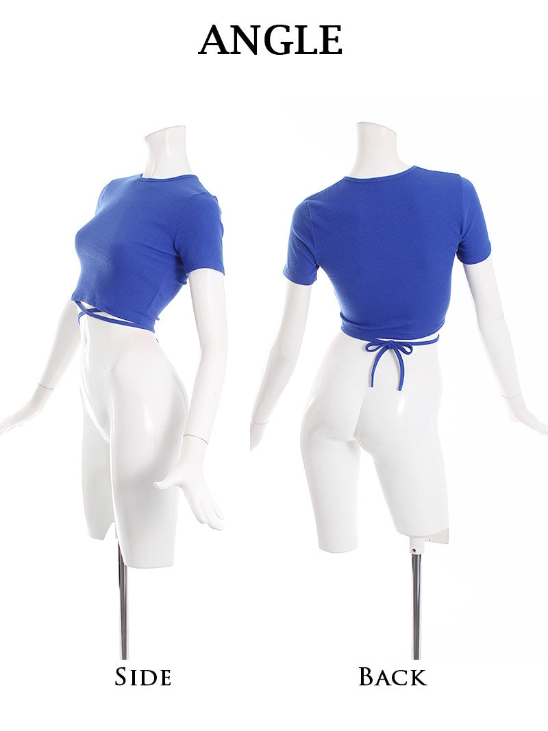 ボムシェル bombshell 半袖カットソー ショート 韓国 ヘソ出し 半袖 ワンカラー バックリボン ネオンカラー Tシャツ ラウンドネック ウエストクロス Bbomb