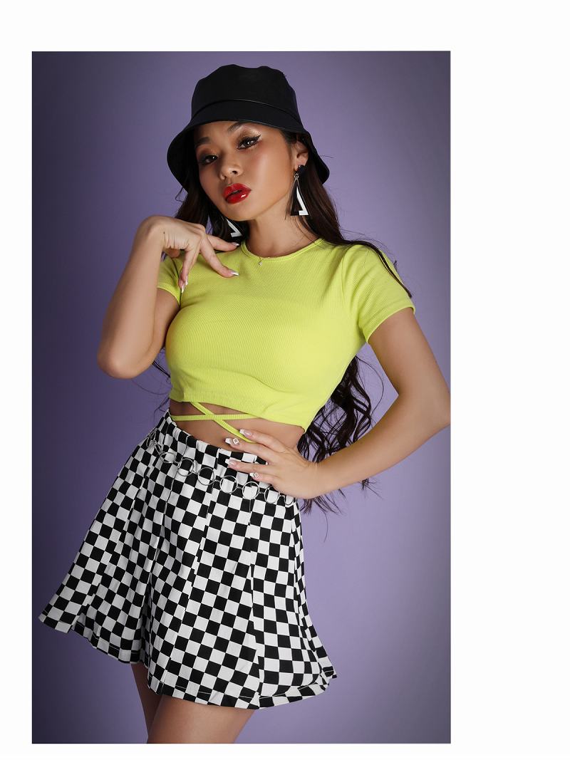 ボムシェル bombshell 半袖カットソー ショート 韓国 ヘソ出し 半袖 ワンカラー バックリボン ネオンカラー Tシャツ ラウンドネック ウエストクロス Bbomb