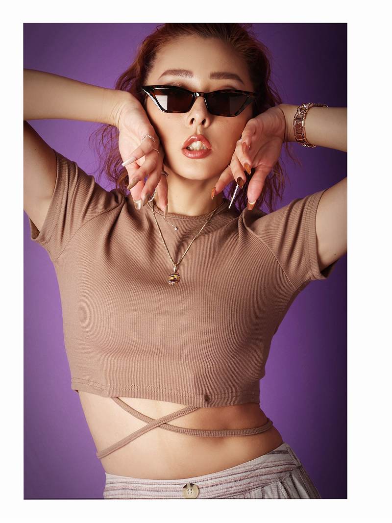 ボムシェル bombshell 半袖カットソー ショート 韓国 ヘソ出し 半袖 ワンカラー バックリボン ネオンカラー Tシャツ ラウンドネック ウエストクロス Bbomb