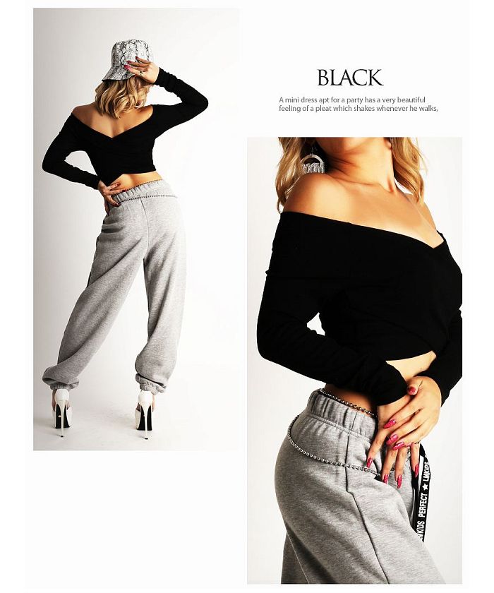 ボムシェル bombshell 長袖カットソー ショート丈 長袖 ワイドネック へそ出し チビT 海外ファッション セクシー プチプラ リブカットソー トップス Bbomb