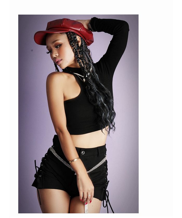 Bombshell long sleeve cut-and-sew crop top with cutouts, imported dancer sexy top, rib knit mini Bbomb