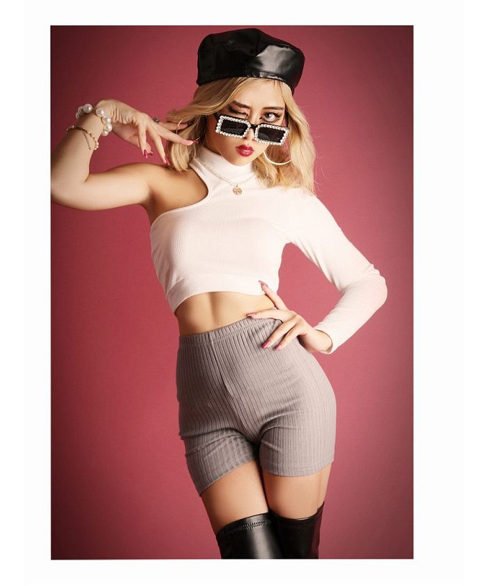 Bombshell long sleeve cut-and-sew crop top with cutouts, imported dancer sexy top, rib knit mini Bbomb