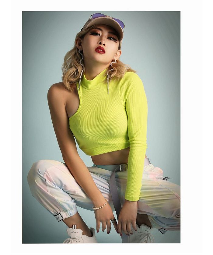 Bombshell long sleeve cut-and-sew crop top with cutouts, imported dancer sexy top, rib knit mini Bbomb