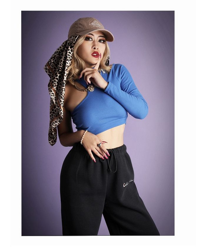 Bombshell long sleeve cut-and-sew crop top with cutouts, imported dancer sexy top, rib knit mini Bbomb