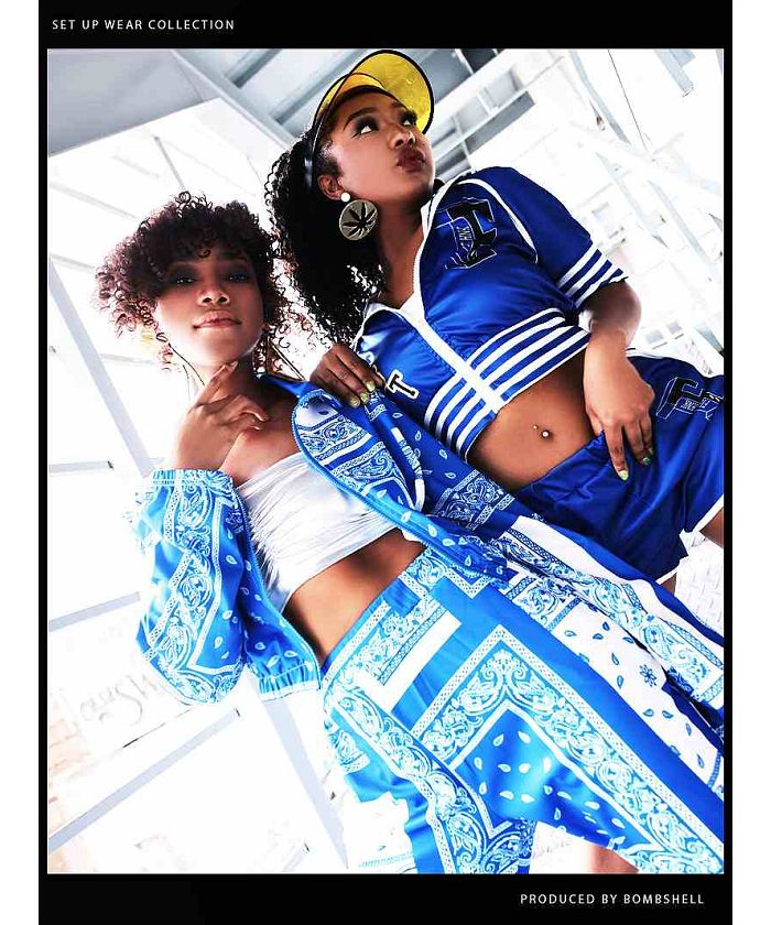 ボムシェル bombshell セットアップ セットアップ 半袖 スカジャン スポーティー ジャージ ダンス衣装 インポート お揃いコーデ へそ出し ショートパンツ bombshell