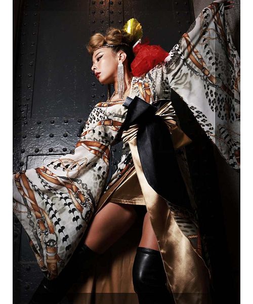 ボムシェル bombshell 和装 和柄 着物ドレス ヒョウ柄 スカーフ柄 レオパード サテン よさこい ステージ衣装 ダンス衣装 コスチューム bombshell