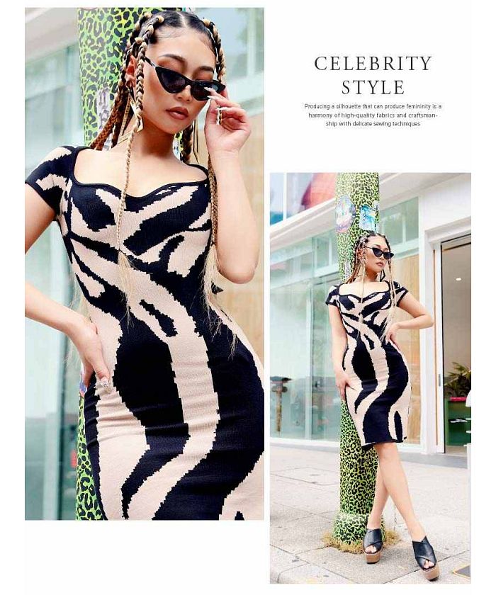 Bombshell dress, two-tone geometric summer knit, tight monochrome square neck, overseas fashion, animal club Bbomb