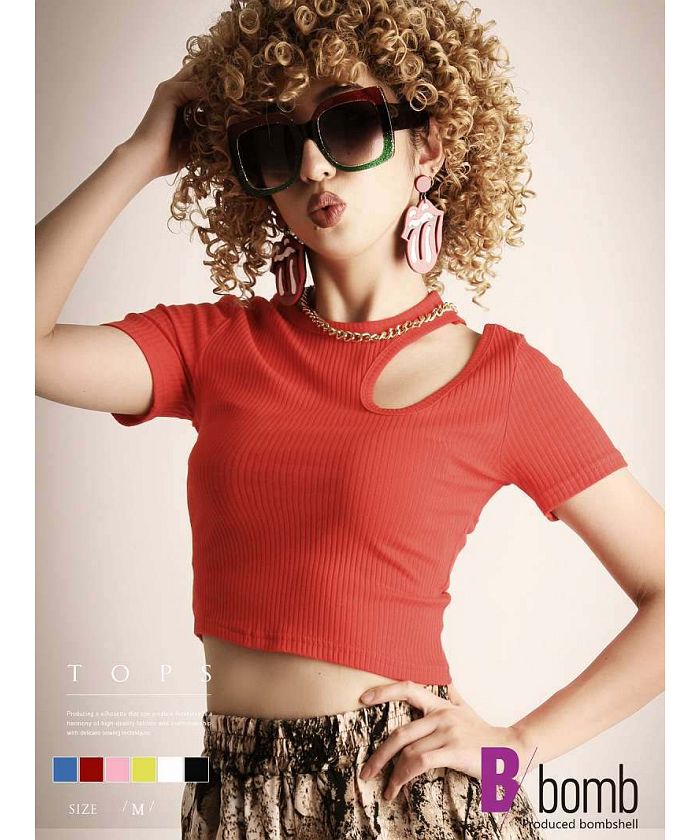 ボムシェル bombshell 半袖Tシャツ Tシャツ カットソー トップス 個性派 アシンメトリー クルーネック 半袖 ショート丈 韓国ファッション セクシー Bbomb