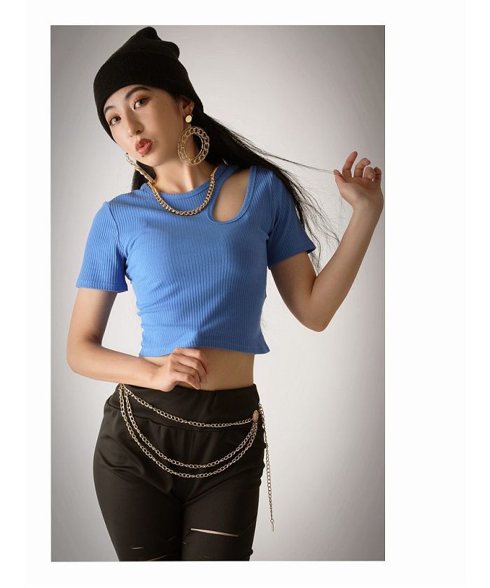 ボムシェル bombshell 半袖Tシャツ Tシャツ カットソー トップス 個性派 アシンメトリー クルーネック 半袖 ショート丈 韓国ファッション セクシー Bbomb