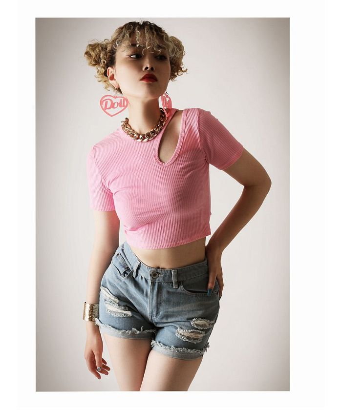 ボムシェル bombshell 半袖Tシャツ Tシャツ カットソー トップス 個性派 アシンメトリー クルーネック 半袖 ショート丈 韓国ファッション セクシー Bbomb