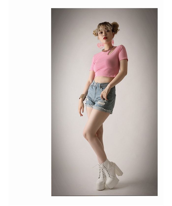 ボムシェル bombshell 半袖Tシャツ Tシャツ カットソー トップス 個性派 アシンメトリー クルーネック 半袖 ショート丈 韓国ファッション セクシー Bbomb