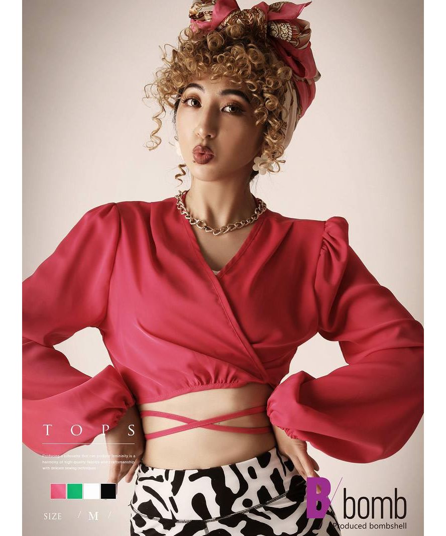 ボムシェル bombshell シャツ シャツ トップス ヘソ出し ショート丈 セクシー 長袖 ボリューム袖 ギャザー 海外セレブ スタイルアップ Bbomb