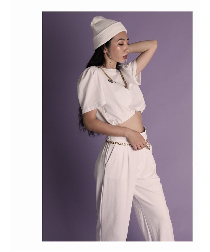 ボムシェル bombshell セットアップ セットアップ ショート ヘソ出し 半袖 ロゴ ワイドパンツ ドロスト ポケット ウエストゴム チャック Bbomb