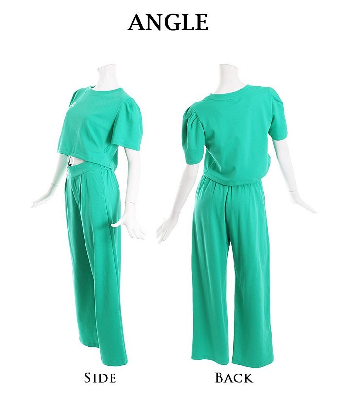 ボムシェル bombshell セットアップ セットアップ ショート ヘソ出し 半袖 ロゴ ワイドパンツ ドロスト ポケット ウエストゴム チャック Bbomb