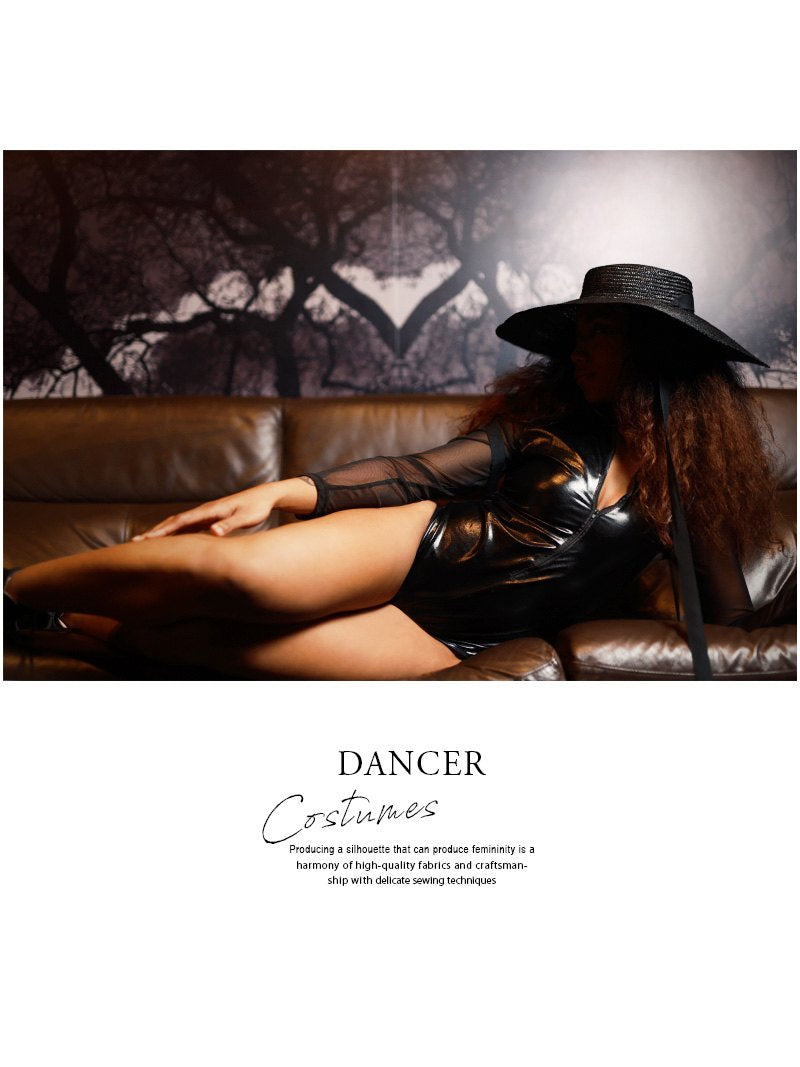 ボムシェル bombshell レオタード フェイクレザー シースルー ジッパー ボディスーツ タイト インポート 黒 ワンカラー 長袖 ダンス衣装 bombshell