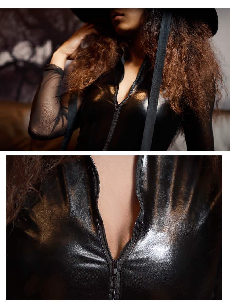 ボムシェル bombshell レオタード フェイクレザー シースルー ジッパー ボディスーツ タイト インポート 黒 ワンカラー 長袖 ダンス衣装 bombshell