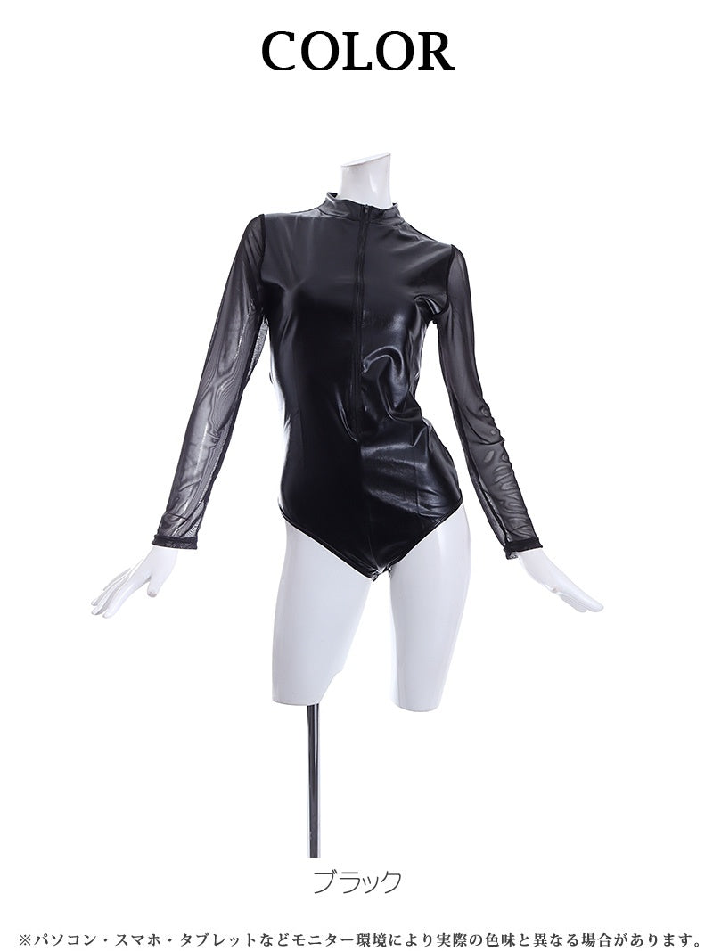 ボムシェル bombshell レオタード フェイクレザー シースルー ジッパー ボディスーツ タイト インポート 黒 ワンカラー 長袖 ダンス衣装 bombshell